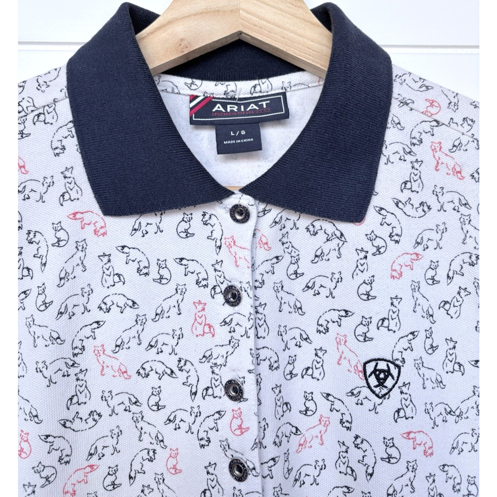 Ariat Sleeveless Polo Shirt Fox Print Cotton Blend White Navy Equestrian Golf L - Picture 3 of 10
